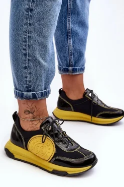 Clearance Maciejka Damskie Buty Sportowe Skórzane 06295-01 Czarno-Żółte Czarny