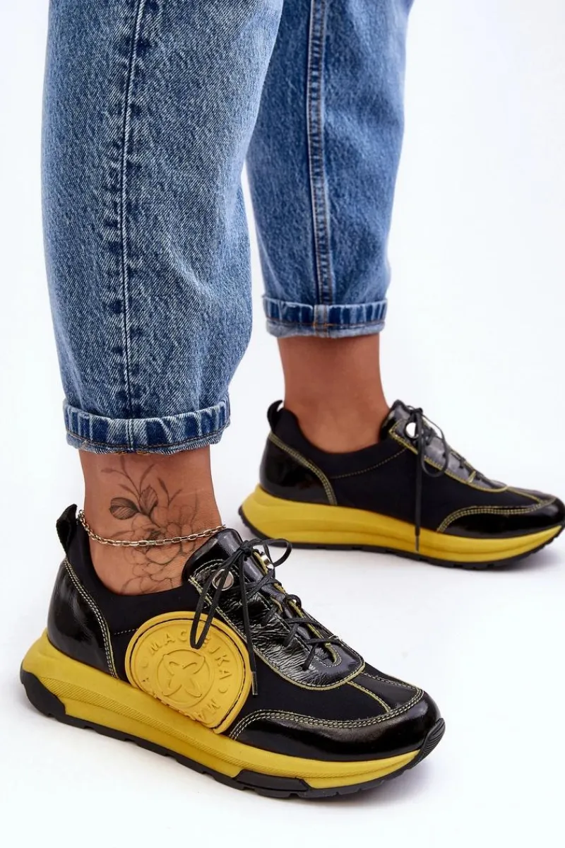Clearance Maciejka Damskie Buty Sportowe Skórzane 06295-01 Czarno-Żółte Czarny