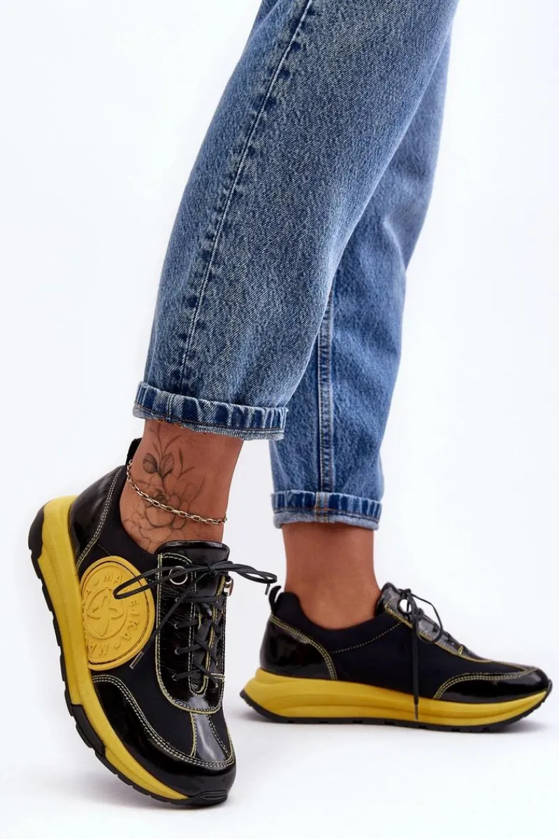 Clearance Maciejka Damskie Buty Sportowe Skórzane 06295-01 Czarno-Żółte Czarny