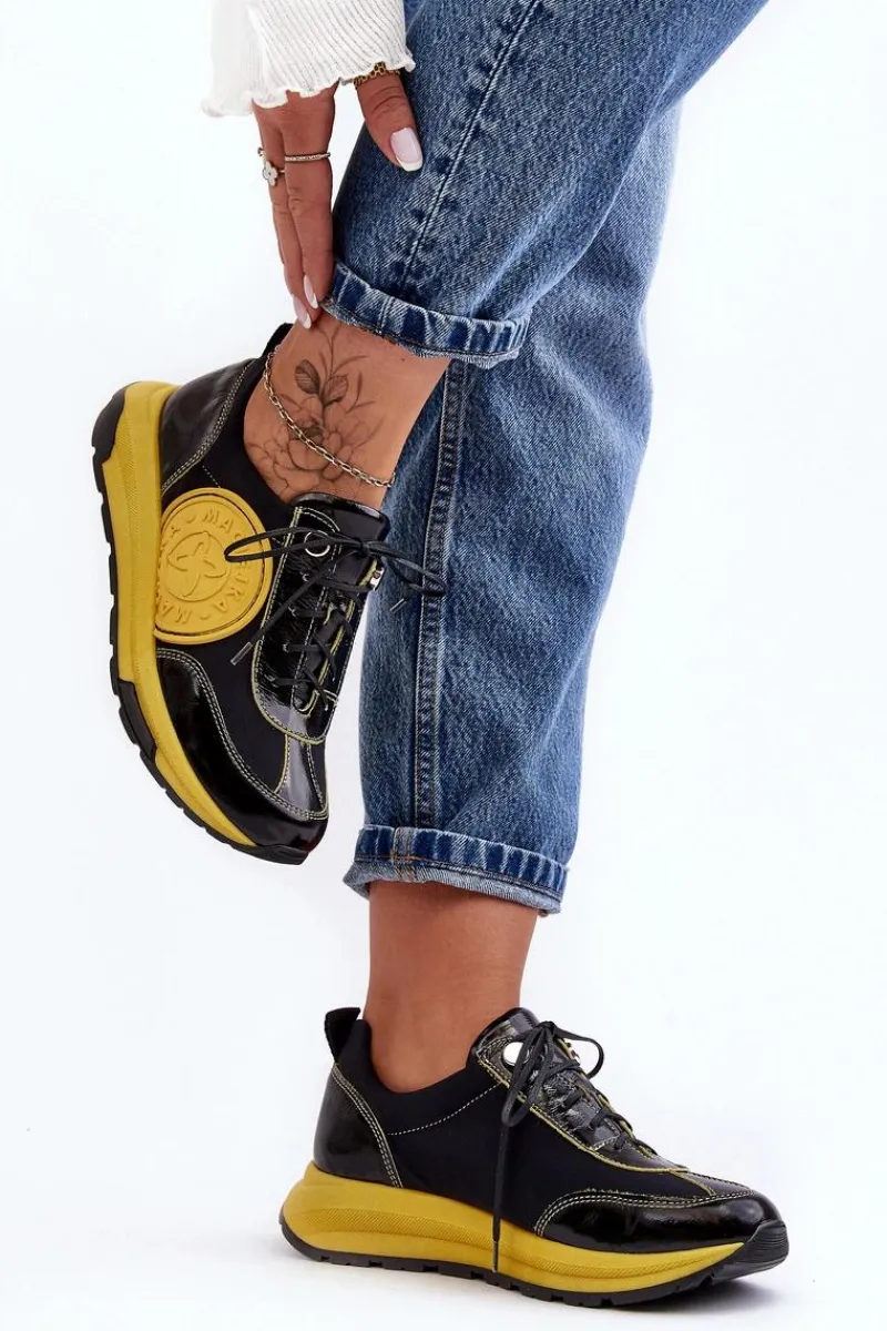 Clearance Maciejka Damskie Buty Sportowe Skórzane 06295-01 Czarno-Żółte Czarny