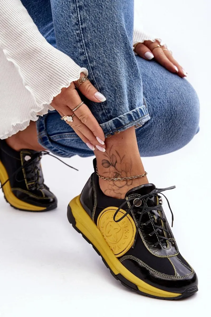 Clearance Maciejka Damskie Buty Sportowe Skórzane 06295-01 Czarno-Żółte Czarny