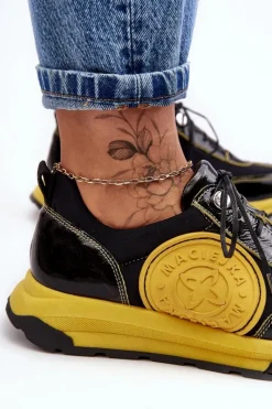 Clearance Maciejka Damskie Buty Sportowe Skórzane 06295-01 Czarno-Żółte Czarny