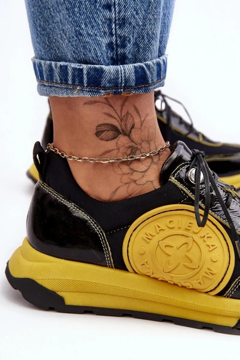 Clearance Maciejka Damskie Buty Sportowe Skórzane 06295-01 Czarno-Żółte Czarny