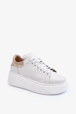 Sneakersy Damskie>Boto Damskie Buty Sportowe Skórzane na Platformie Białe Lemar 10150 - Złota Wstawka