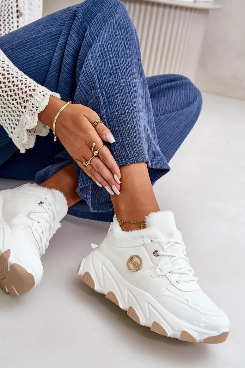 Sale Boto Damskie Buty Sportowe Sznurowane Ocieplane Na Platformie Białe Verioras Biały