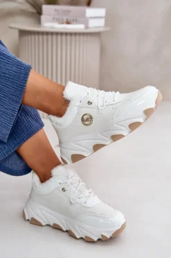 Sale Boto Damskie Buty Sportowe Sznurowane Ocieplane Na Platformie Białe Verioras Biały