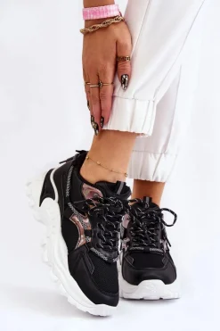 Sneakersy Damskie>Boto Damskie Buty Sportowe Sznurowane Na Platformie Czarne Minea