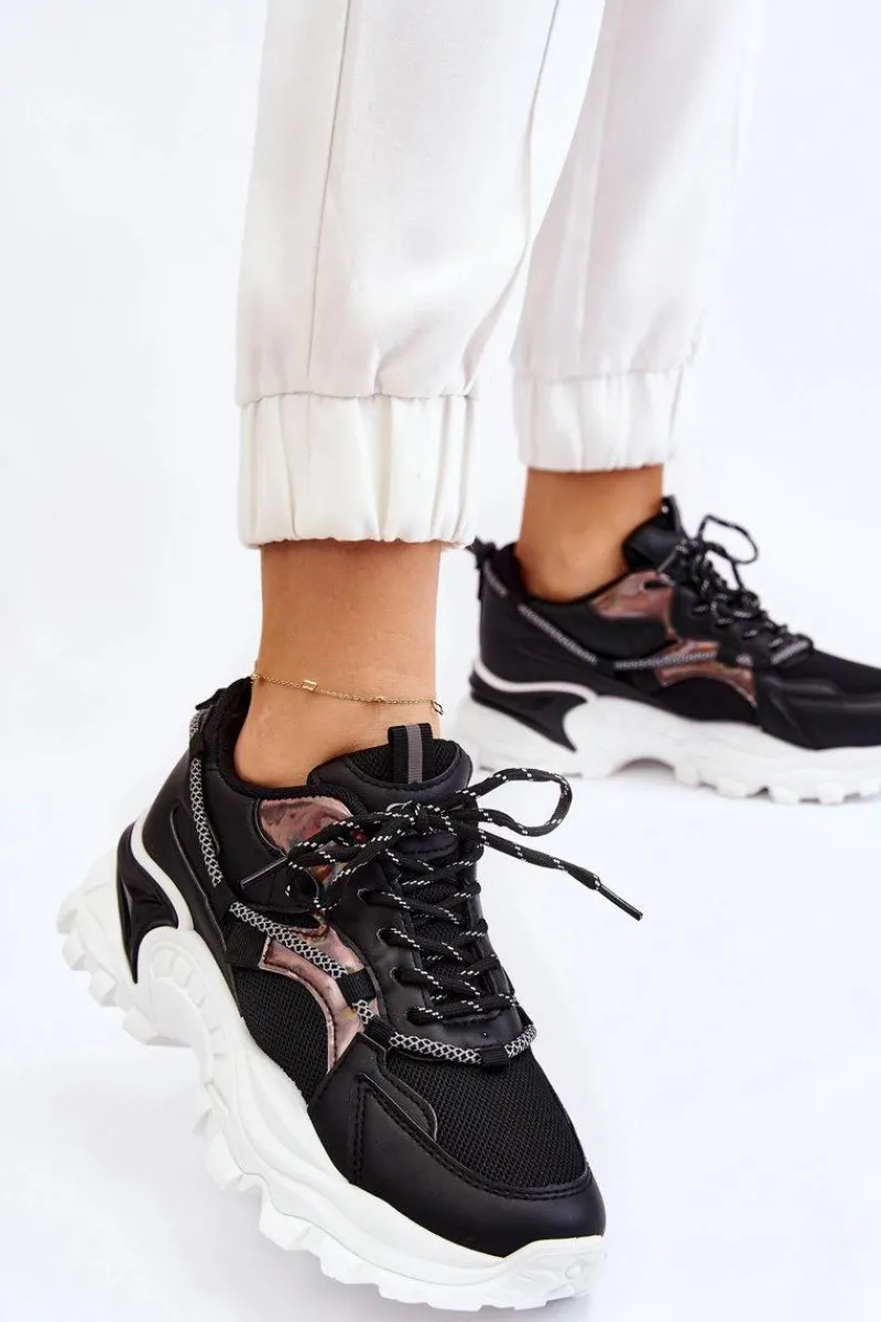 Sneakersy Damskie>Boto Damskie Buty Sportowe Sznurowane Na Platformie Czarne Minea