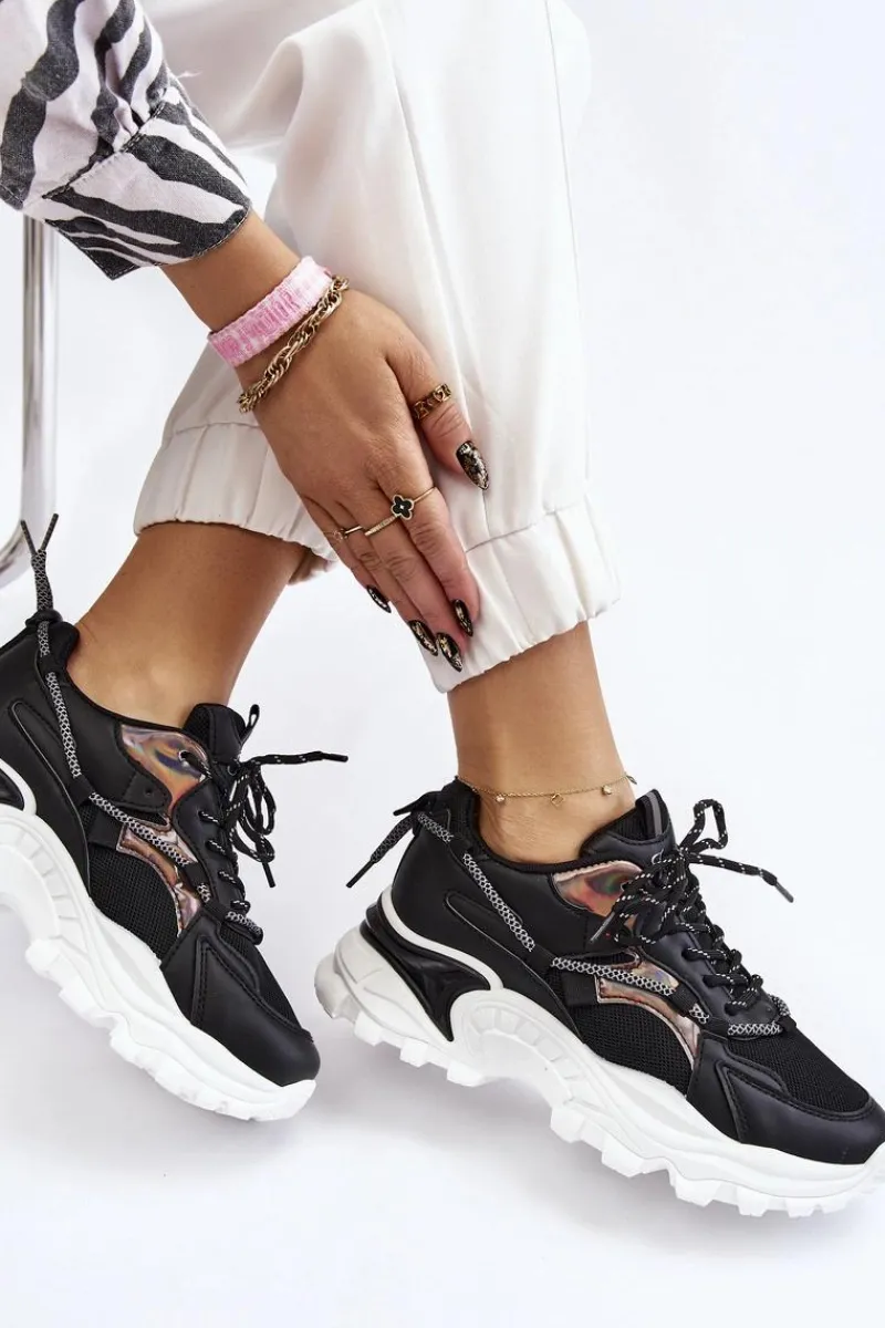 Sneakersy Damskie>Boto Damskie Buty Sportowe Sznurowane Na Platformie Czarne Minea