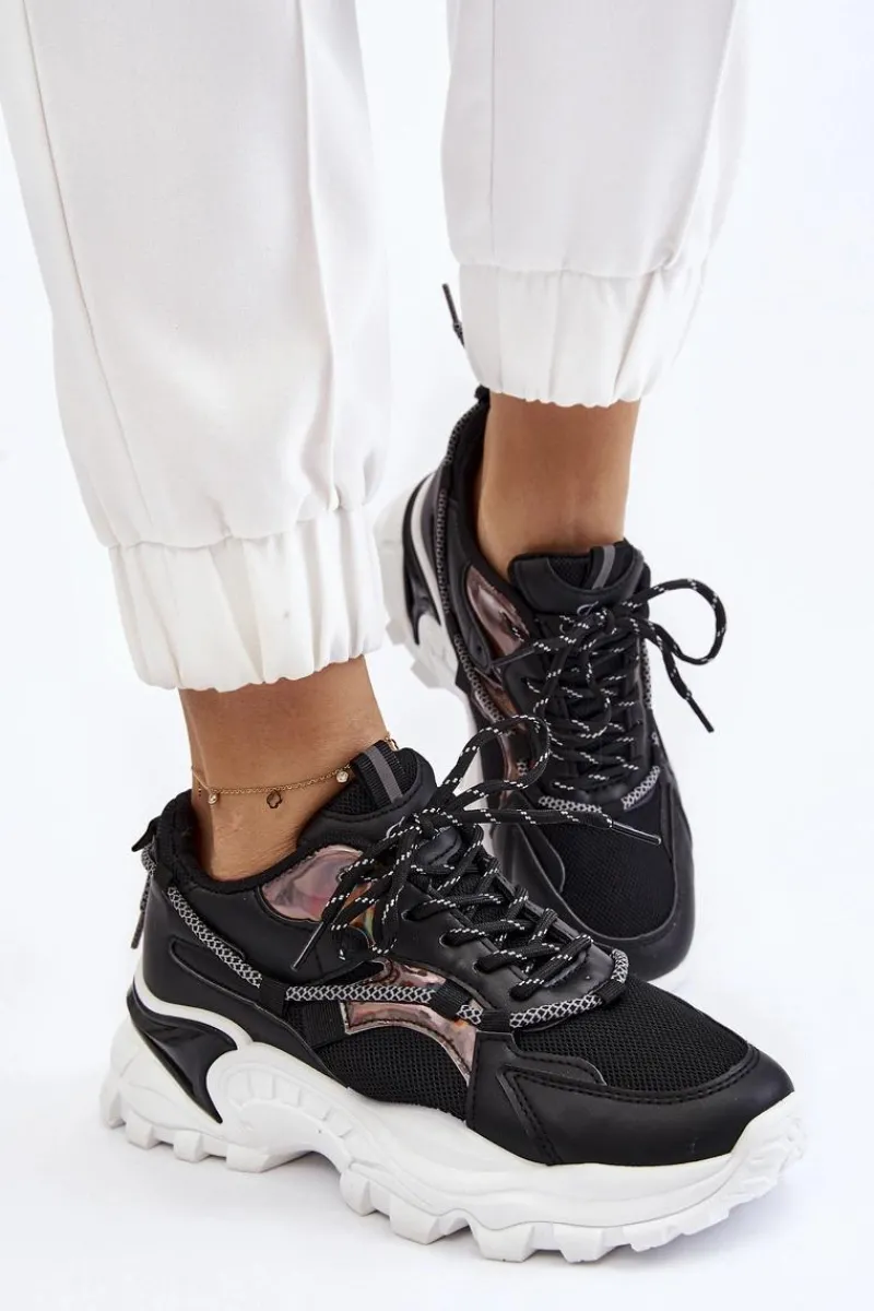 Sneakersy Damskie>Boto Damskie Buty Sportowe Sznurowane Na Platformie Czarne Minea