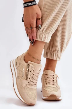 Outlet Boto Damskie Buty Sportowe Z Ozdobnym Zamkiem Beżowe Adrea
