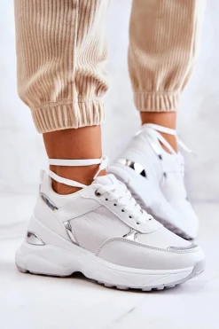 Sneakersy Damskie>Boto Damskie Błyszczące Buty Sportowe Na Koturnie Białe Activity