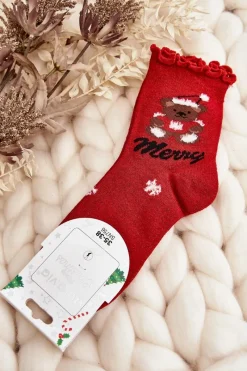 Skarpetki|Skarpetki>Aura.via Damskie Błyszczące Świąteczne Skarpety Z Misiem Czerwone Czerwony