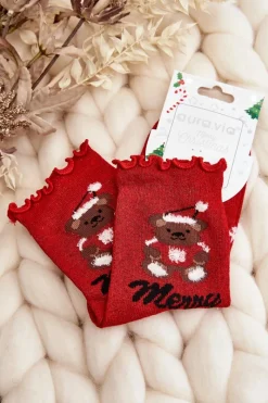 Skarpetki|Skarpetki>Aura.via Damskie Błyszczące Świąteczne Skarpety Z Misiem Czerwone Czerwony