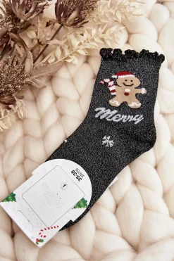 Sale Damskie Błyszczące Świąteczne Skarpety Czarne Skarpetki|Skarpetki