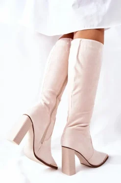 Discount Boto Damskie Ciepłe Kozaki Złoty Nosek Beżowe Puentos