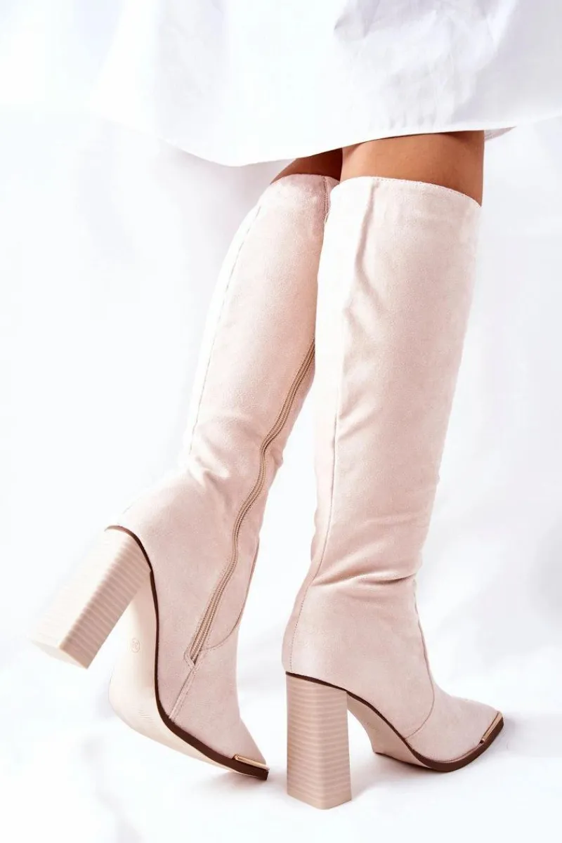 Discount Boto Damskie Ciepłe Kozaki Złoty Nosek Beżowe Puentos