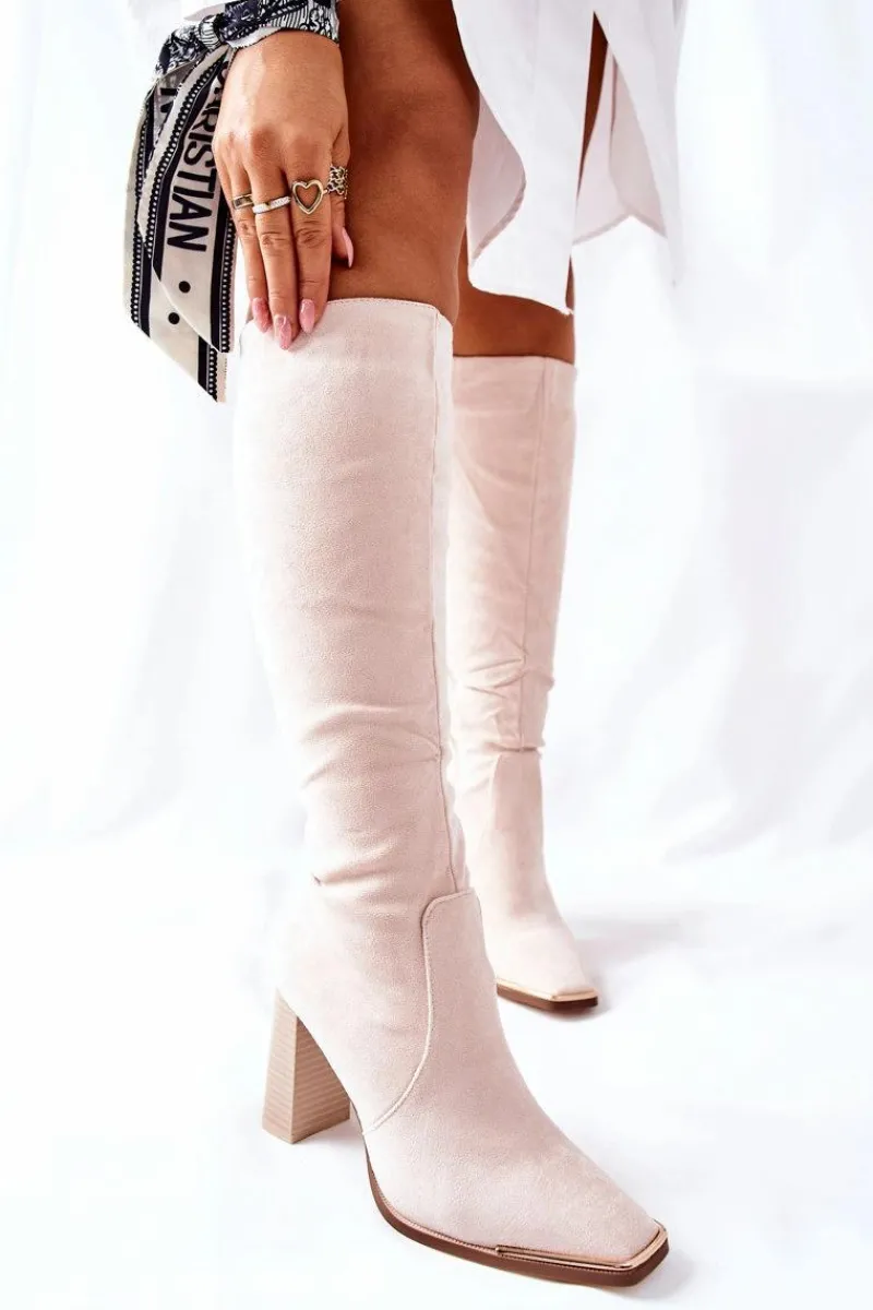 Discount Boto Damskie Ciepłe Kozaki Złoty Nosek Beżowe Puentos