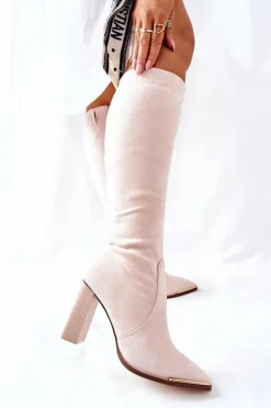 Discount Boto Damskie Ciepłe Kozaki Złoty Nosek Beżowe Puentos