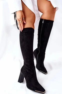 Kozaki Na Obcasie|Kozaki Zamszowe>Boto Damskie Ciepłe Kozaki Złoty Nosek Czarne Puentos