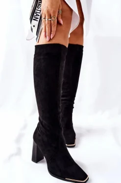 Kozaki Na Obcasie|Kozaki Zamszowe>Boto Damskie Ciepłe Kozaki Złoty Nosek Czarne Puentos