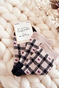 Online Damskie Ciepłe Skarpetki Krata Beżowo-Czarna Skarpetki|Skarpetki