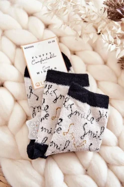 Skarpetki|Skarpetki>Aura.via Damskie Ciepłe Skarpetki Napisy Beżowe