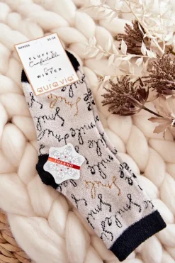 Skarpetki|Skarpetki>Aura.via Damskie Ciepłe Skarpetki Napisy Beżowe