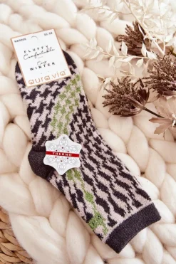 Skarpetki|Skarpetki>Aura.via Damskie Ciepłe Skarpetki W Pionowe Wzory Szaro-Zielone