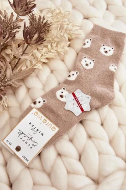 Skarpetki|Skarpetki>Aura.via Damskie Ciepłe Skarpety W Kropki Z Misiem Beżowe