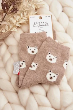 Skarpetki|Skarpetki>Aura.via Damskie Ciepłe Skarpety W Kropki Z Misiem Beżowe