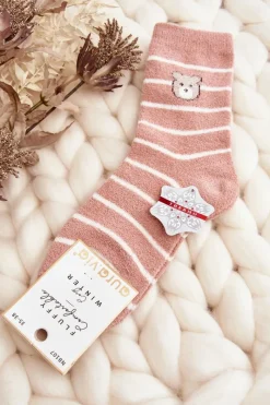 Skarpetki|Skarpetki>Aura.via Damskie Ciepłe Skarpety W Paski Z Misiem Różowe Różowy