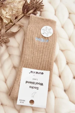 Damskie Ciepłe Skarpety Z Napisem Beżowe Skarpetki|Skarpetki