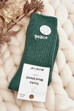 Skarpetki|Skarpetki>Aura.via Damskie Ciepłe Skarpety Z Napisem Zielone