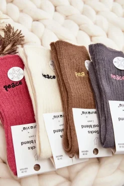 Hot Aura.via Damskie Ciepłe Skarpety Z Napisem Fioletowe