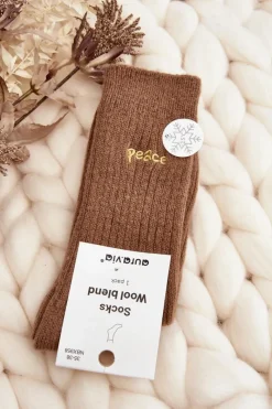 Online Aura.via Damskie Ciepłe Skarpety Z Napisem Brązowe