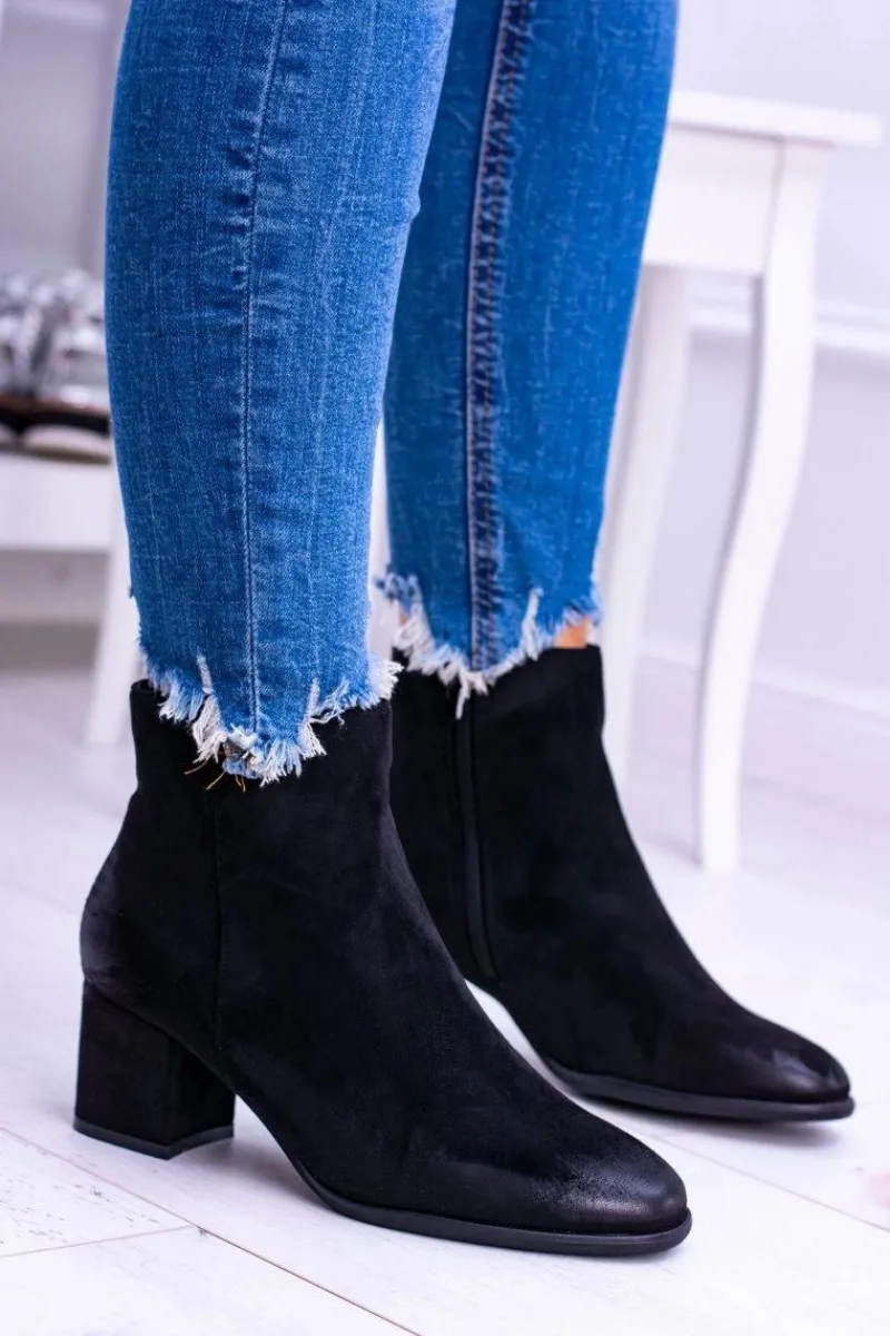 Botki Na Słupku|Brązowe I Beżowe Botki>Damskie buty S.Barski Damskie Czarne Botki Na Słupku Zamsz Ferimate