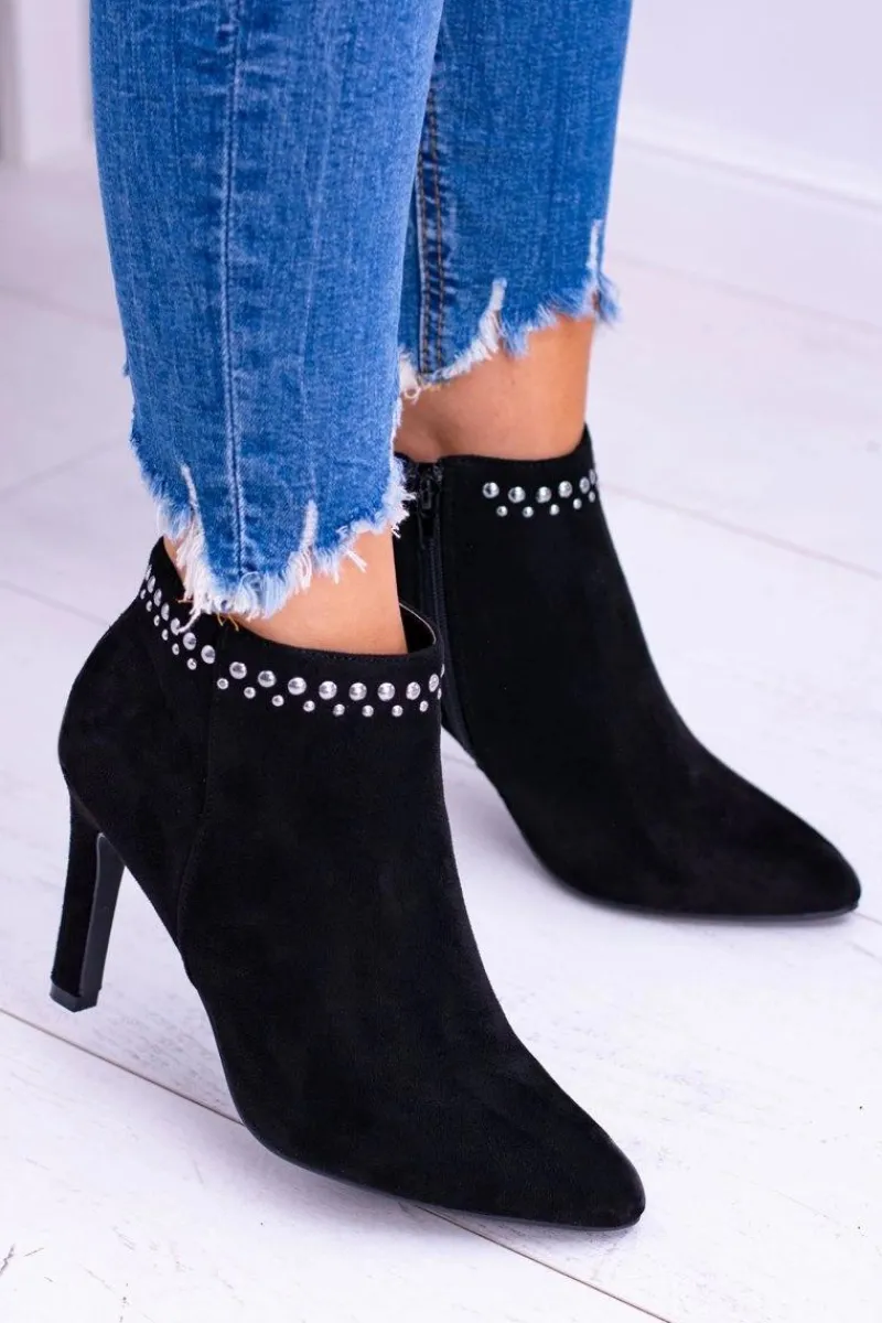 Hot Damskie Czarne Botki Na Szpilce Nity Bemi Damskie Botki Na Słupku|Czarne Botki