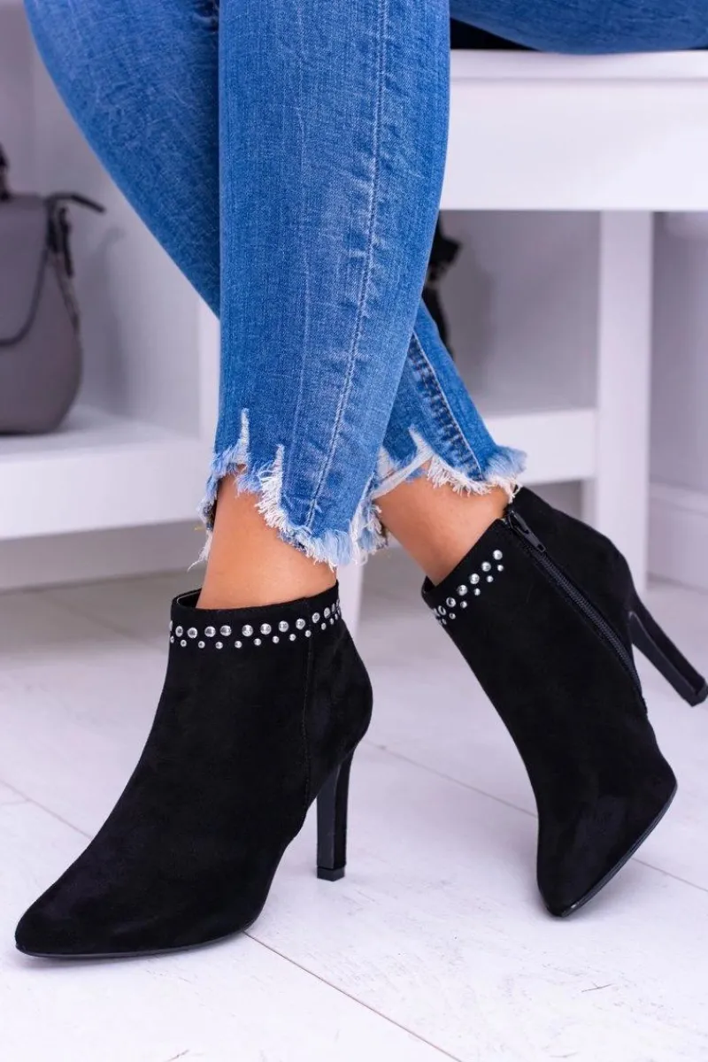 Hot Damskie Czarne Botki Na Szpilce Nity Bemi Damskie Botki Na Słupku|Czarne Botki