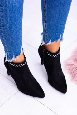 Hot Damskie Czarne Botki Na Szpilce Nity Bemi Damskie Botki Na Słupku|Czarne Botki