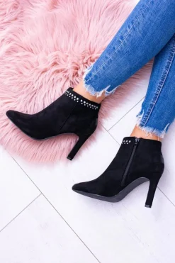 Hot Damskie Czarne Botki Na Szpilce Nity Bemi Damskie Botki Na Słupku|Czarne Botki