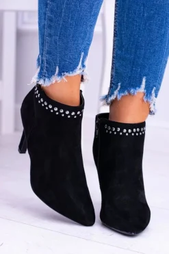 Hot Damskie Czarne Botki Na Szpilce Nity Bemi Damskie Botki Na Słupku|Czarne Botki