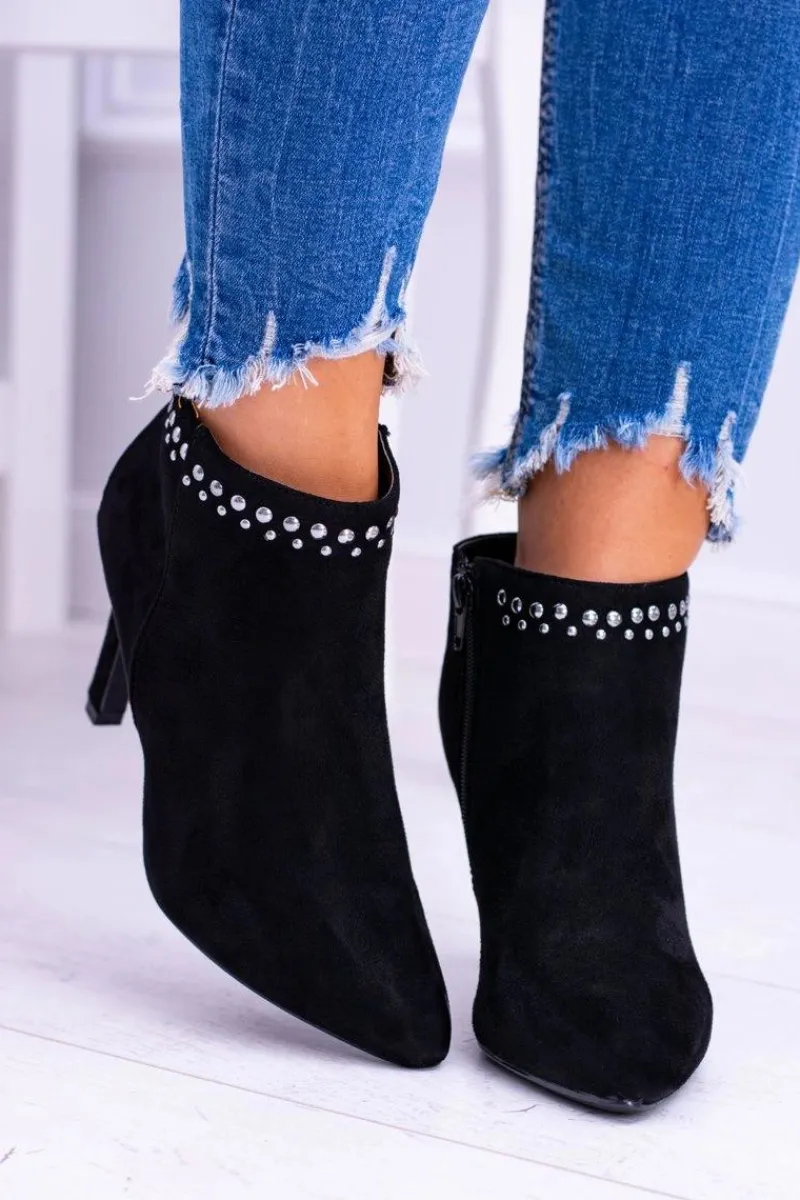 Hot Damskie Czarne Botki Na Szpilce Nity Bemi Damskie Botki Na Słupku|Czarne Botki