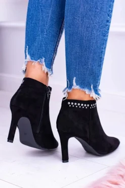 Hot Damskie Czarne Botki Na Szpilce Nity Bemi Damskie Botki Na Słupku|Czarne Botki