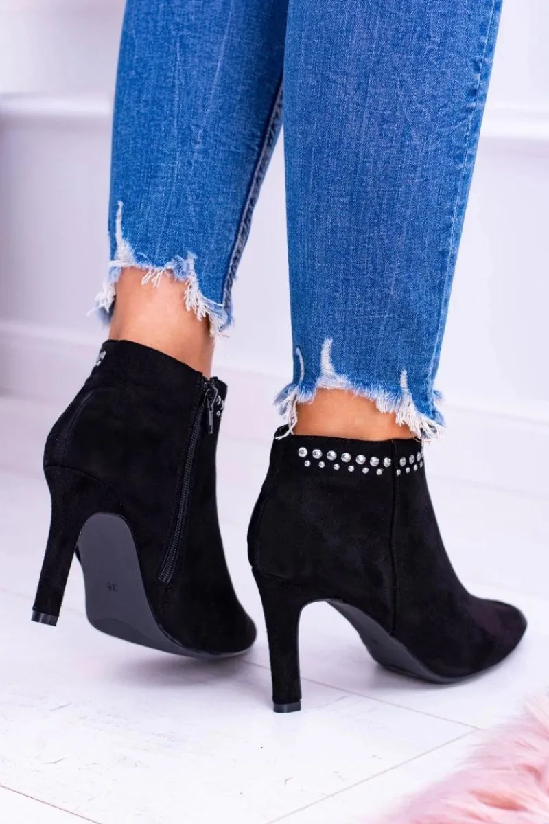 Hot Damskie Czarne Botki Na Szpilce Nity Bemi Damskie Botki Na Słupku|Czarne Botki