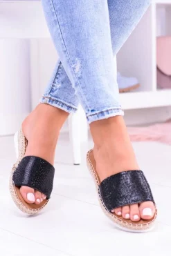 Best Boto Damskie Czarne Klapki Lu Boo Cyrkonie ShineMadam