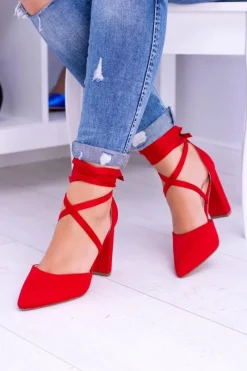 Outlet Damskie Czółenka Na Słupku Wiązane Czerwone Demmi Damskie Czółenka Zamszowe|Czółenka Na Słupku