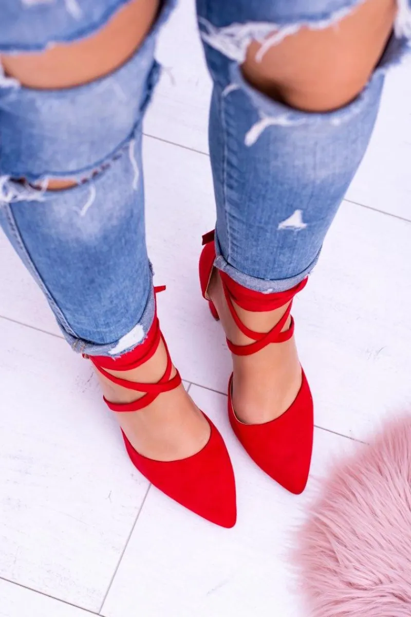 Outlet Damskie Czółenka Na Słupku Wiązane Czerwone Demmi Damskie Czółenka Zamszowe|Czółenka Na Słupku