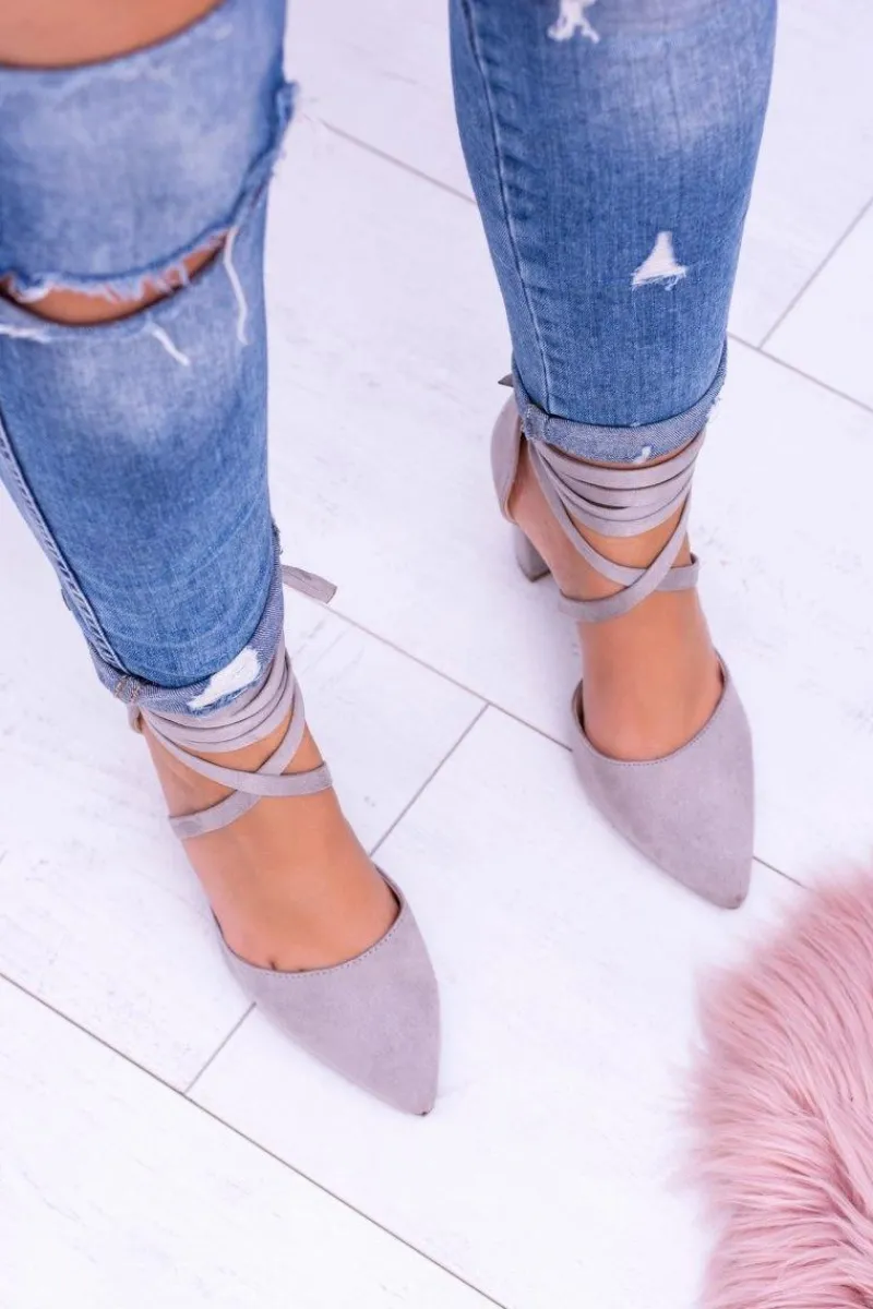 New Boto Damskie Czółenka Na Słupku Wiązane Szare Demmi