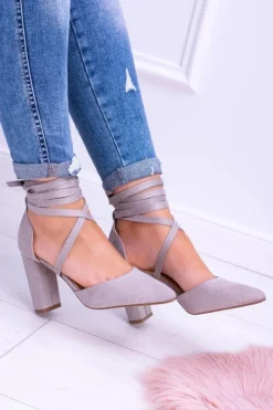 New Boto Damskie Czółenka Na Słupku Wiązane Szare Demmi